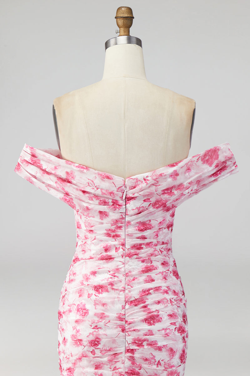 Load image into Gallery viewer, Pink Floral Ruched Mermaid Off the Shoulder Long Formal Dress with Slit