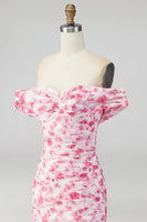 Load image into Gallery viewer, Pink Floral Ruched Mermaid Off the Shoulder Long Formal Dress with Slit