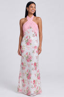 Load image into Gallery viewer, Light Pink Halter Sequins Backless Floral Mermaid Long Formal Dress