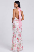 Load image into Gallery viewer, Light Pink Halter Sequins Backless Floral Mermaid Long Formal Dress