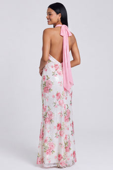 Light Pink Halter Sequins Backless Floral Mermaid Long Formal Dress
