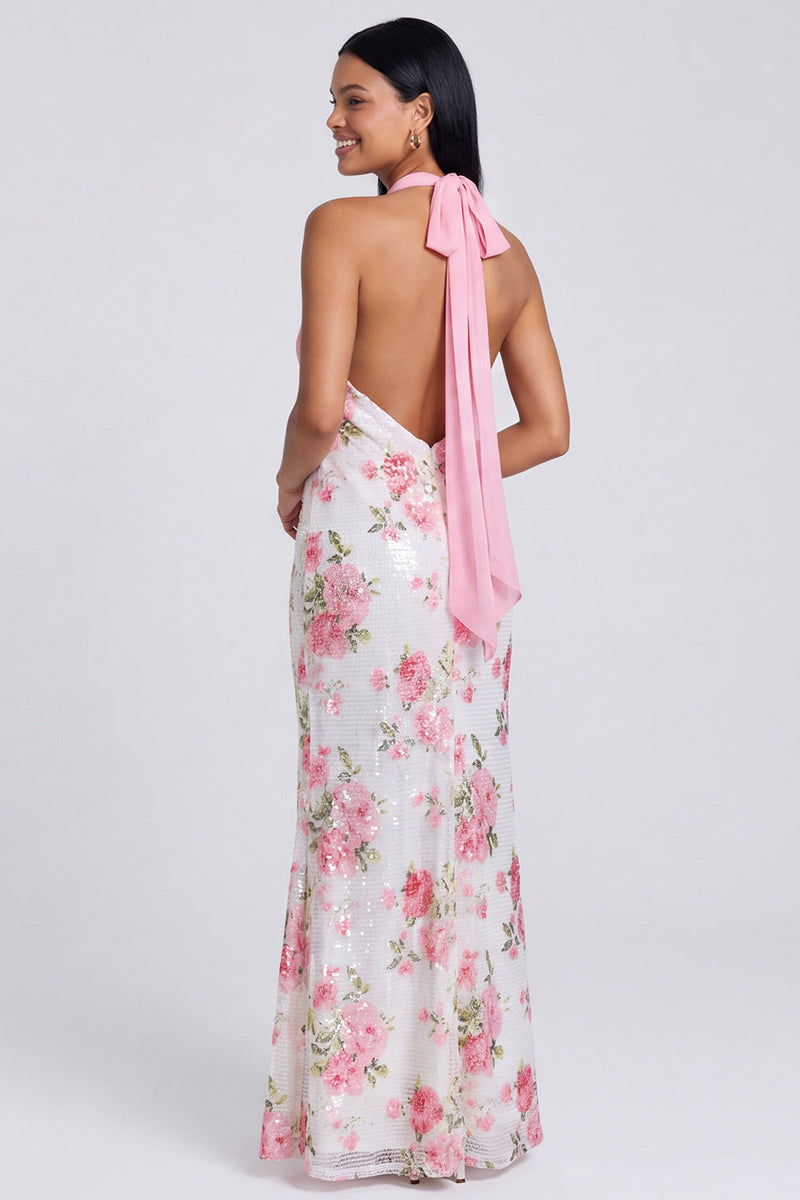 Load image into Gallery viewer, Light Pink Halter Sequins Backless Floral Mermaid Long Formal Dress