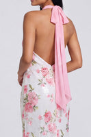 Load image into Gallery viewer, Light Pink Halter Sequins Backless Floral Mermaid Long Formal Dress
