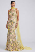 Load image into Gallery viewer, Butter Yellow Floral One Shoulder Embroidered Mermaid Long Formal Dress