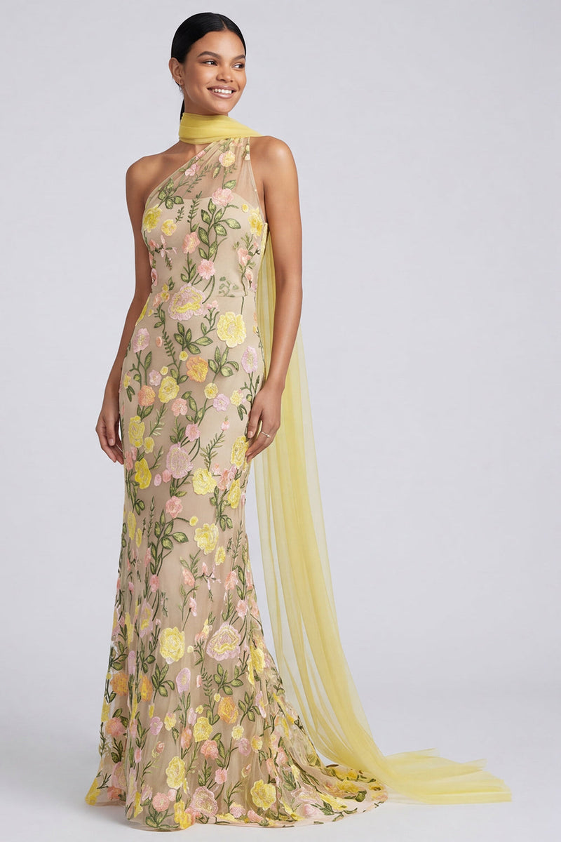Load image into Gallery viewer, Butter Yellow Floral One Shoulder Embroidered Mermaid Long Formal Dress