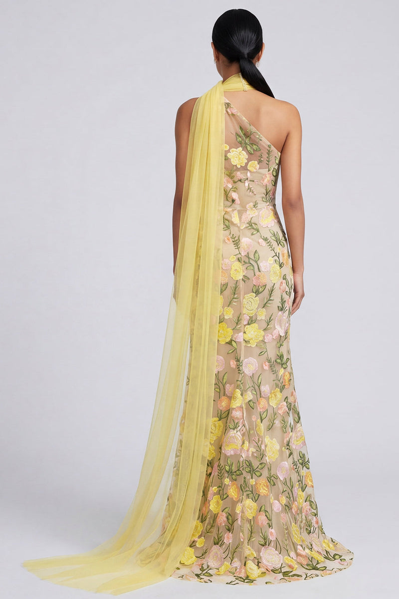 Load image into Gallery viewer, Butter Yellow Floral One Shoulder Embroidered Mermaid Long Formal Dress