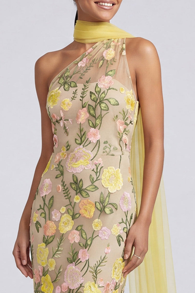 Load image into Gallery viewer, Butter Yellow Floral One Shoulder Embroidered Mermaid Long Formal Dress