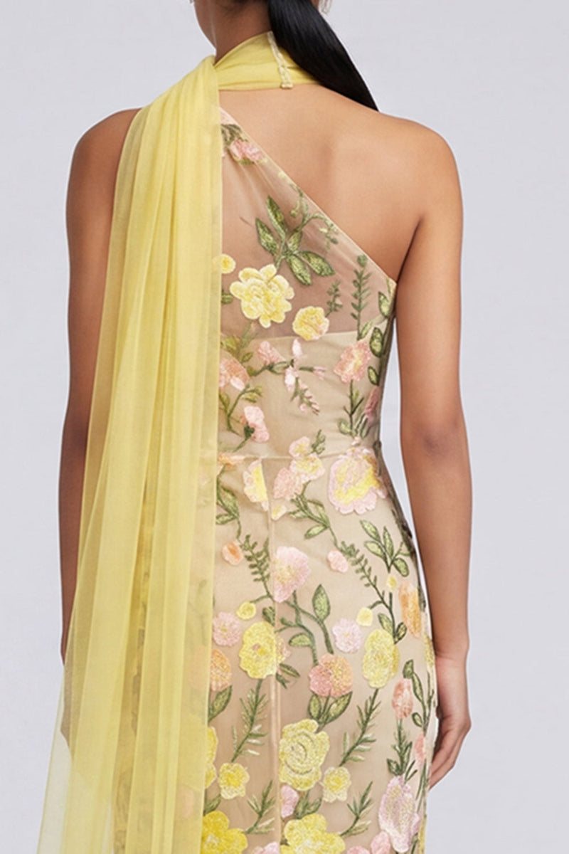 Load image into Gallery viewer, Butter Yellow Floral One Shoulder Embroidered Mermaid Long Formal Dress
