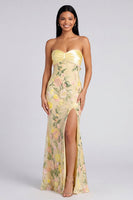 Load image into Gallery viewer, Butter Yellow Floral Strapless Mermaid Long Formal Dress with Slit