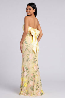 Butter Yellow Floral Strapless Mermaid Long Formal Dress with Slit