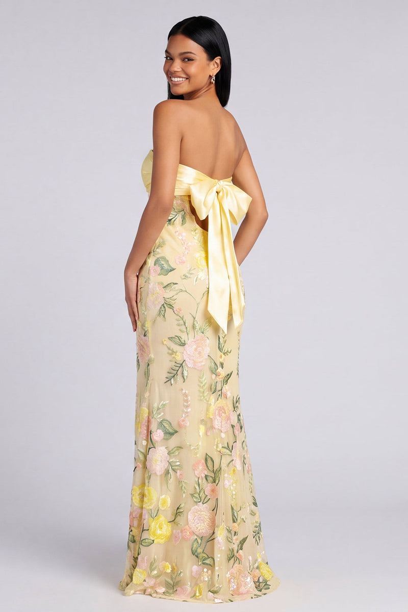 Load image into Gallery viewer, Butter Yellow Floral Strapless Mermaid Long Formal Dress with Slit