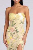 Load image into Gallery viewer, Butter Yellow Floral Strapless Mermaid Long Formal Dress with Slit