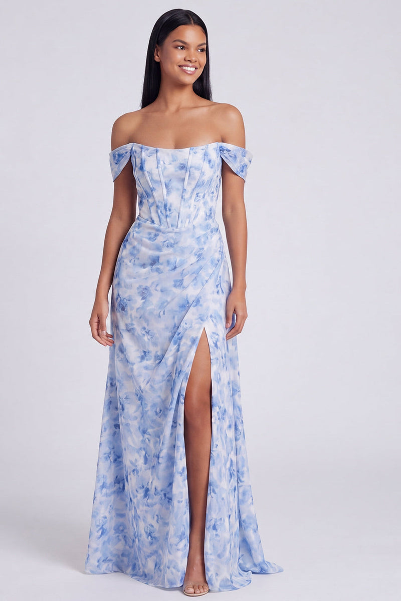 Load image into Gallery viewer, Light Blue Floral Ruched Mermaid Corset Long Formal Dress with Slit