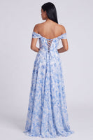 Load image into Gallery viewer, Light Blue Floral Ruched Mermaid Corset Long Formal Dress with Slit