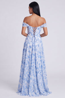 Light Blue Floral Ruched Mermaid Corset Long Formal Dress with Slit