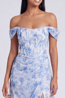 Load image into Gallery viewer, Light Blue Floral Ruched Mermaid Corset Long Formal Dress with Slit