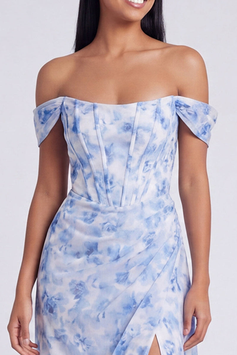 Load image into Gallery viewer, Light Blue Floral Ruched Mermaid Corset Long Formal Dress with Slit