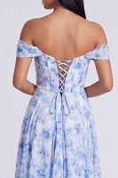 Load image into Gallery viewer, Light Blue Floral Ruched Mermaid Corset Long Formal Dress with Slit
