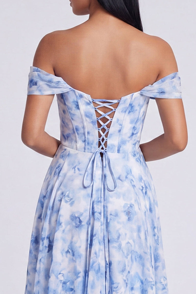 Load image into Gallery viewer, Light Blue Floral Ruched Mermaid Corset Long Formal Dress with Slit