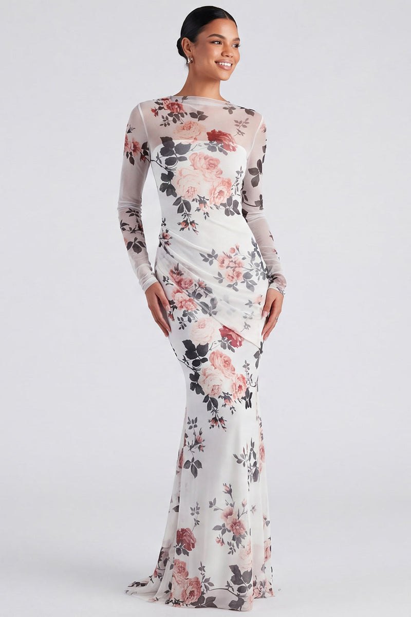 Load image into Gallery viewer, Ivory Mermaid Bateau Neck Floral Long Sleeves Formal Dress