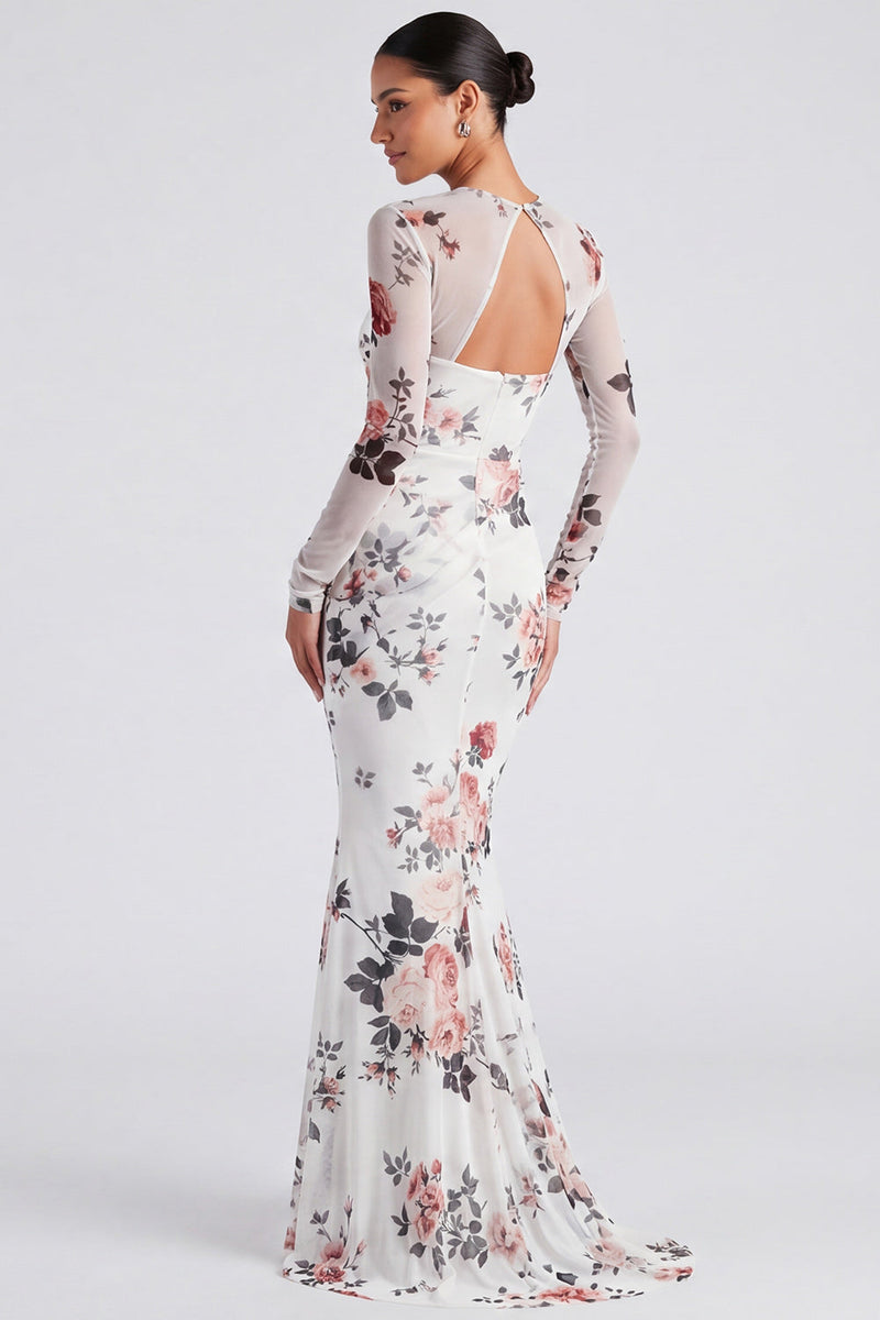 Load image into Gallery viewer, Ivory Mermaid Bateau Neck Floral Long Sleeves Formal Dress