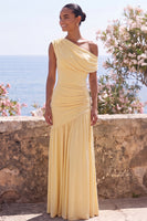 Load image into Gallery viewer, Ruched Butter Yellow One Shoulder Sheath Long Formal Dress