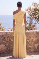 Load image into Gallery viewer, Ruched Butter Yellow One Shoulder Sheath Long Formal Dress