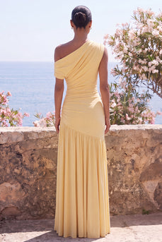 Ruched Butter Yellow One Shoulder Sheath Long Formal Dress