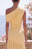 Load image into Gallery viewer, Ruched Butter Yellow One Shoulder Sheath Long Formal Dress