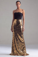 Load image into Gallery viewer, Sparkly Sequins Black and Gold Patchwork Strapless Mermaid Long Formal Dress