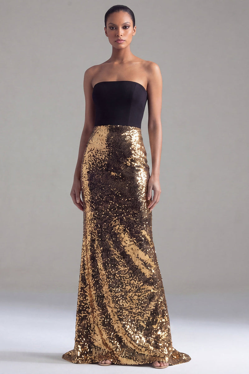 Load image into Gallery viewer, Sparkly Sequins Black and Gold Patchwork Strapless Mermaid Long Formal Dress