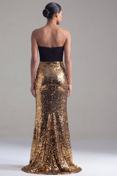Sparkly Sequins Black and Gold Patchwork Strapless Mermaid Long Formal Dress