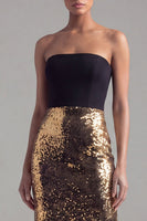 Load image into Gallery viewer, Sparkly Sequins Black and Gold Patchwork Strapless Mermaid Long Formal Dress