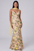 Load image into Gallery viewer, Butter Yellow Floral Spaghetti Straps Embroidered Mermaid Long Formal Dress