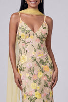Load image into Gallery viewer, Butter Yellow Floral Spaghetti Straps Embroidered Mermaid Long Formal Dress