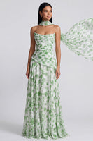 Load image into Gallery viewer, Strapless Light Green Floral Ruched A Line Long Formal Dress