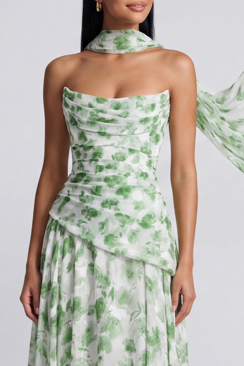 Load image into Gallery viewer, Strapless Light Green Floral Ruched A Line Long Formal Dress