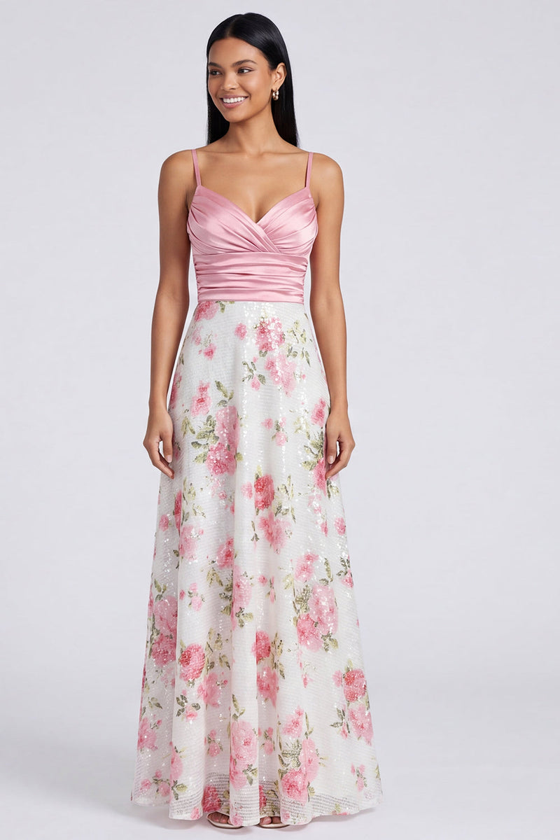 Load image into Gallery viewer, Light Pink Sequins Spaghetti Straps Floral Ruched A Line Long Formal Dress