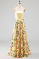 Load image into Gallery viewer, Strapless Butter Yellow A Line Floral Embroidered Long Formal Dress