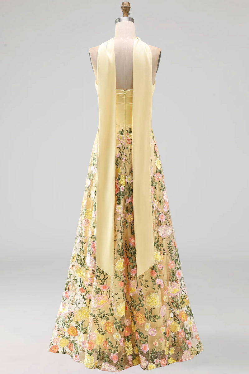 Load image into Gallery viewer, Strapless Butter Yellow A Line Floral Embroidered Long Formal Dress