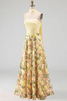 Load image into Gallery viewer, Strapless Butter Yellow A Line Floral Embroidered Long Formal Dress