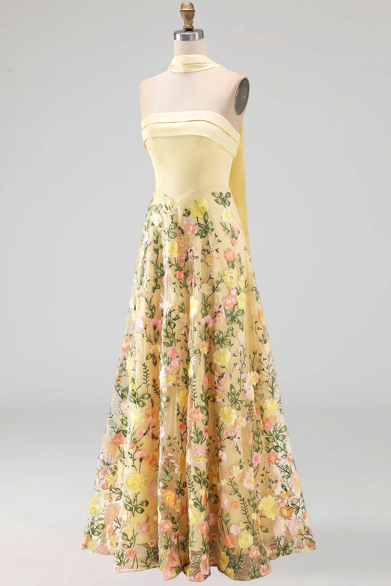 Load image into Gallery viewer, Strapless Butter Yellow A Line Floral Embroidered Long Formal Dress