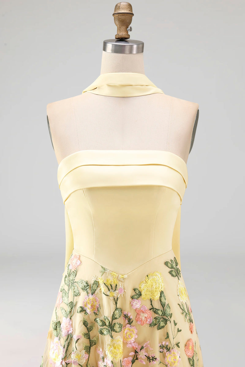 Load image into Gallery viewer, Strapless Butter Yellow A Line Floral Embroidered Long Formal Dress