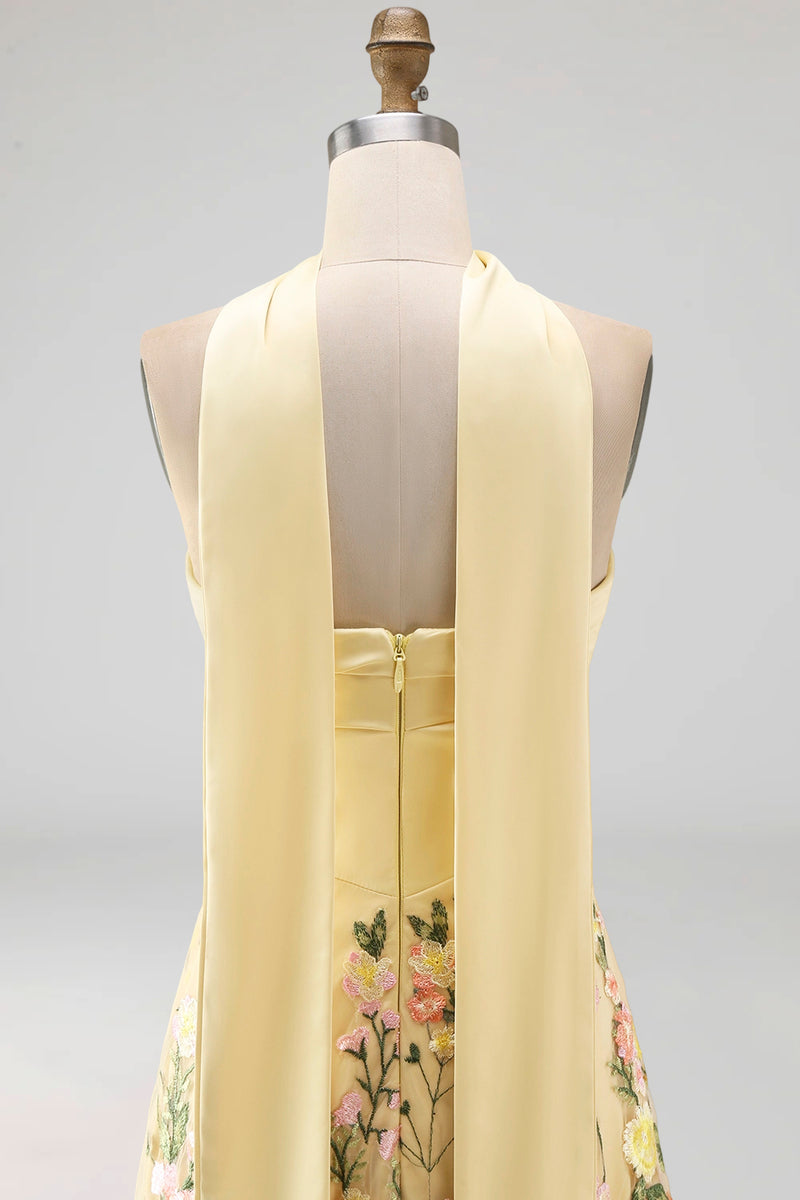 Load image into Gallery viewer, Strapless Butter Yellow A Line Floral Embroidered Long Formal Dress
