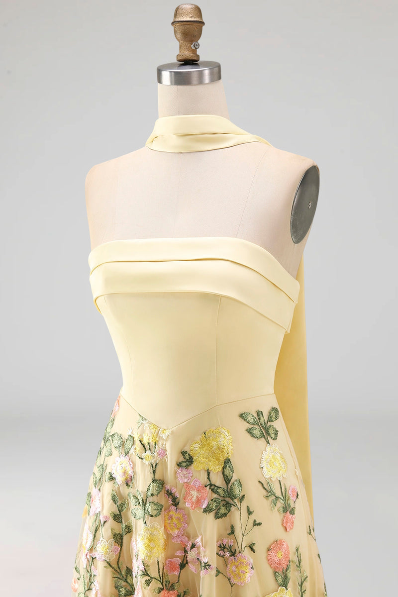 Load image into Gallery viewer, Strapless Butter Yellow A Line Floral Embroidered Long Formal Dress