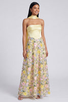 Load image into Gallery viewer, Strapless Butter Yellow A Line Floral Embroidered Long Formal Dress