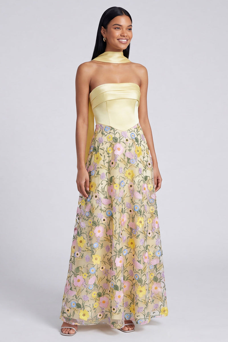 Load image into Gallery viewer, Strapless Butter Yellow A Line Floral Embroidered Long Formal Dress