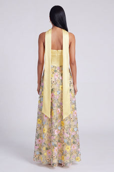 Strapless Butter Yellow A Line Floral Embroidered Long Formal Dress