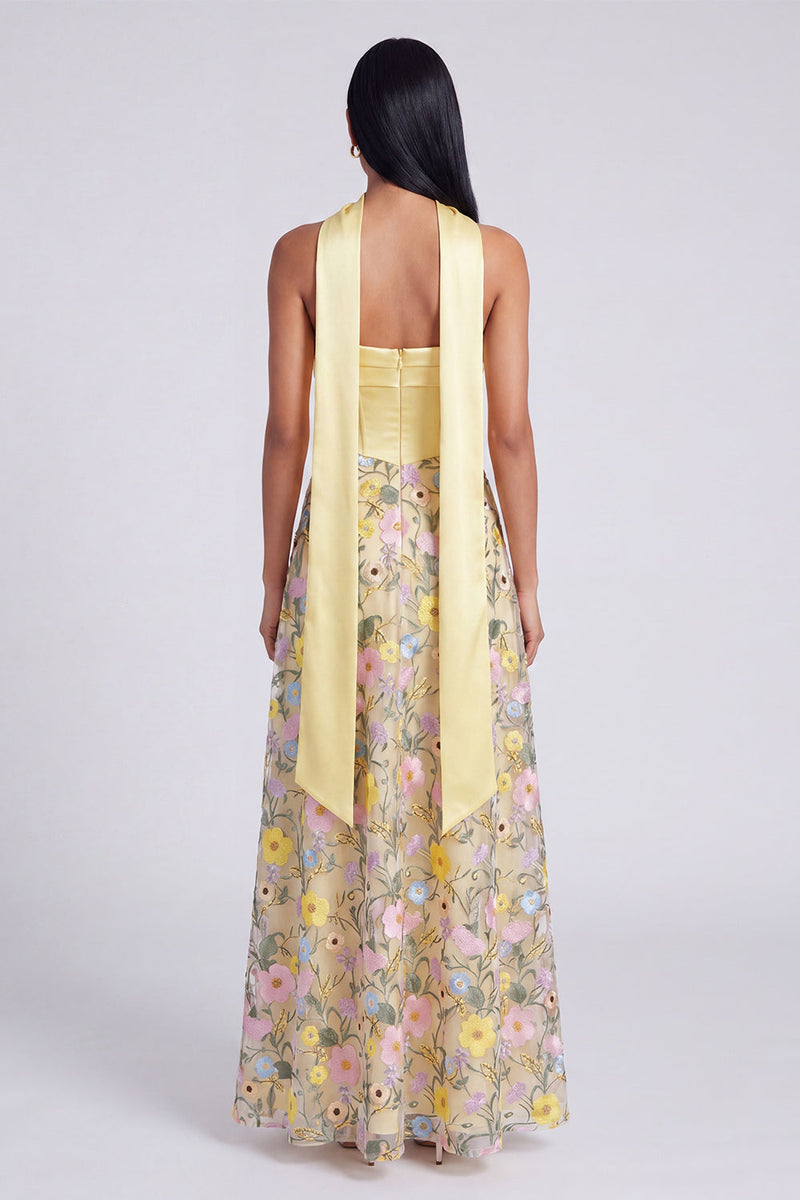 Load image into Gallery viewer, Strapless Butter Yellow A Line Floral Embroidered Long Formal Dress