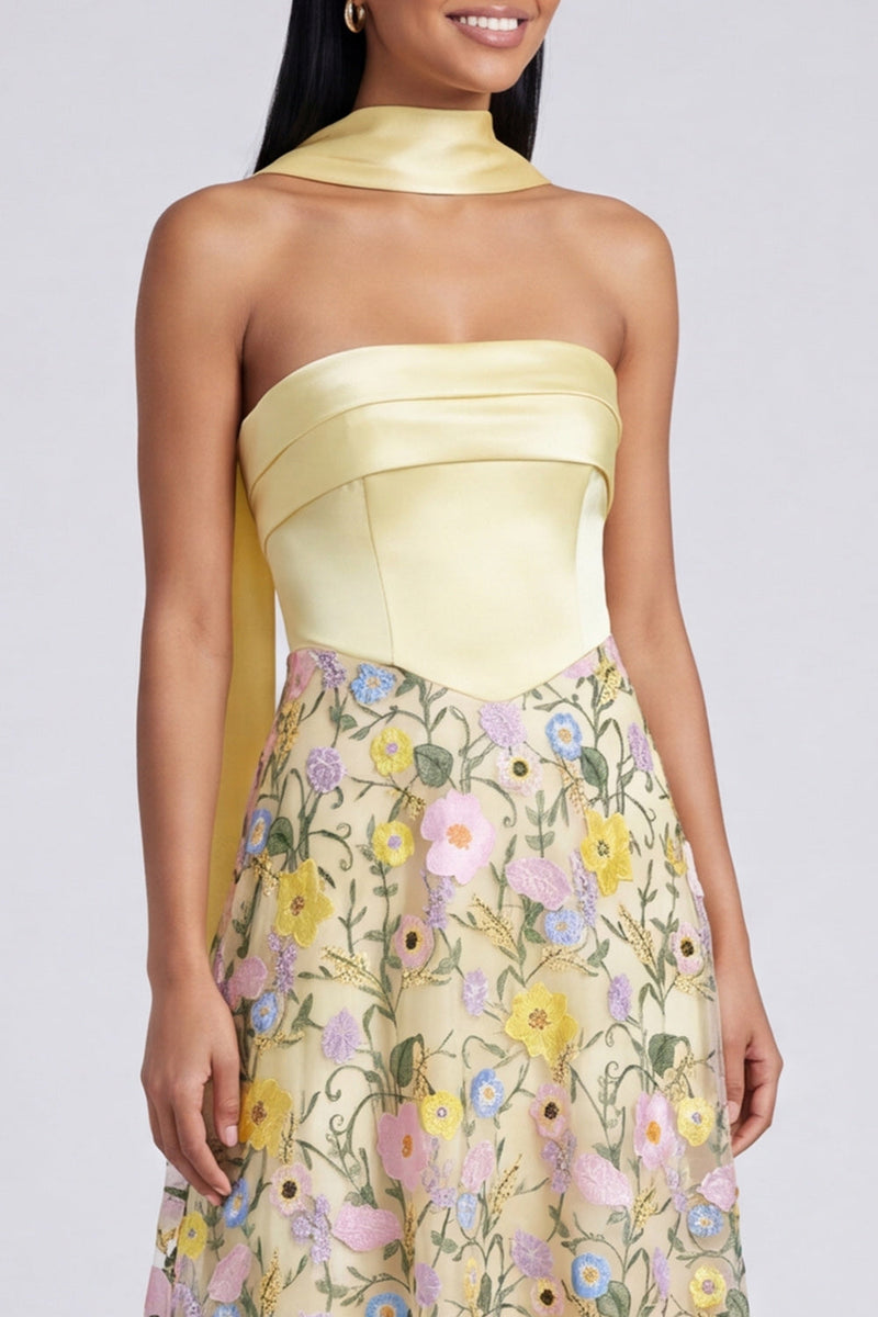 Load image into Gallery viewer, Strapless Butter Yellow A Line Floral Embroidered Long Formal Dress
